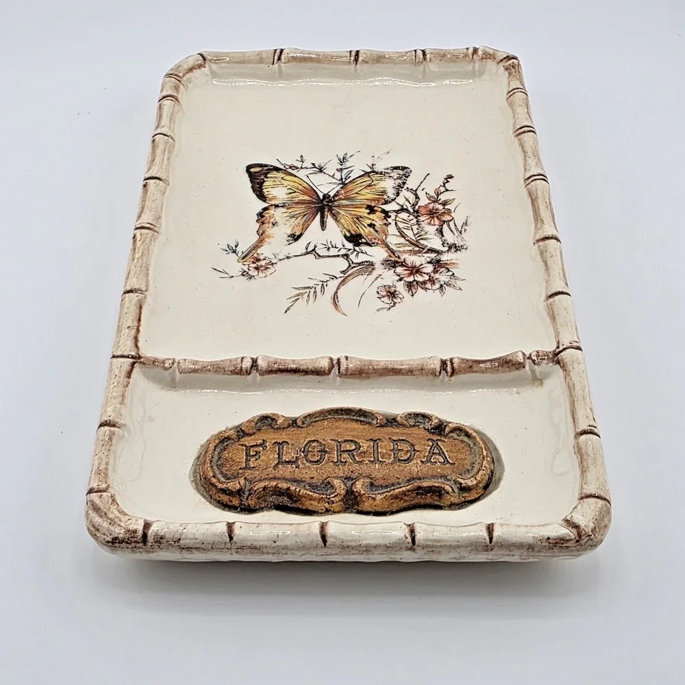 Vintage Florida Treasure Craft Butterfly Dish Tray Travel Art Pottery Ceramic